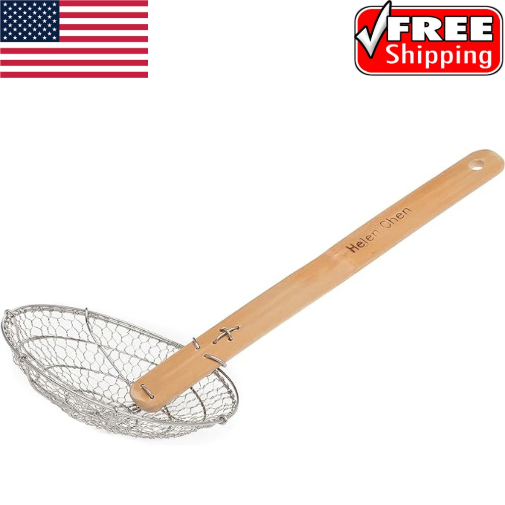 Stainless Steel Spider Strainer/ Bamboo Handle Web-Like Mesh 5" Diameter Basket.