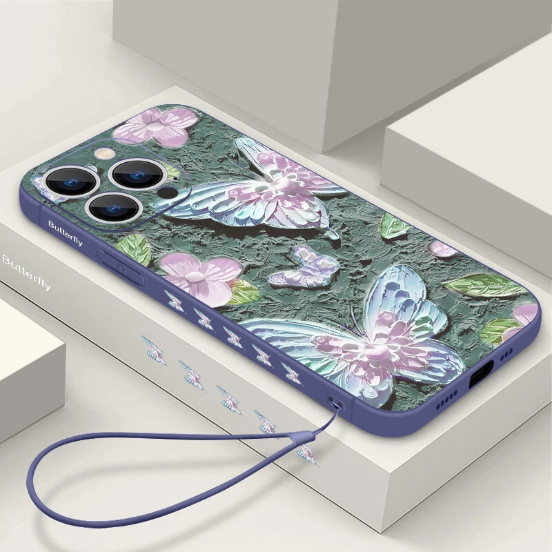 For iPhone 16 15 14 Pro Max 13 12 Mini 11 XR Butterfly Phone Case With Lanyard - Image 2 of 4