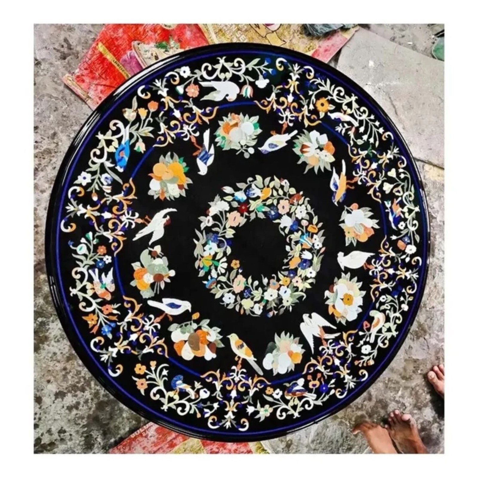 Handmade Pietra Dura Marble Coffee Table Top with Intricate Art Sofa Centerpiece
