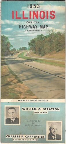 1953 ILLINOIS Official State Highway Road Map Route 66 Chicago Springfield Elgin - Picture 1 of 6