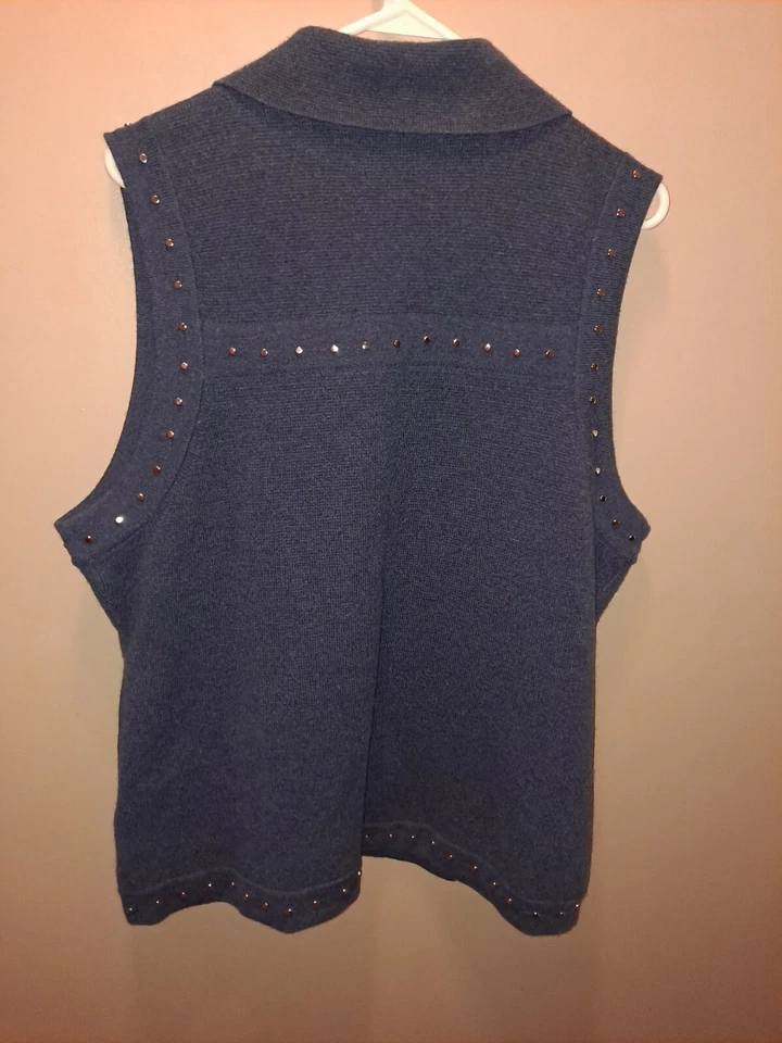 Chaleco Terryl para Thalian Azul 100% Cachemira Tachonado Cremallera Talla Grande Bolsillos  Foto 2 de 4