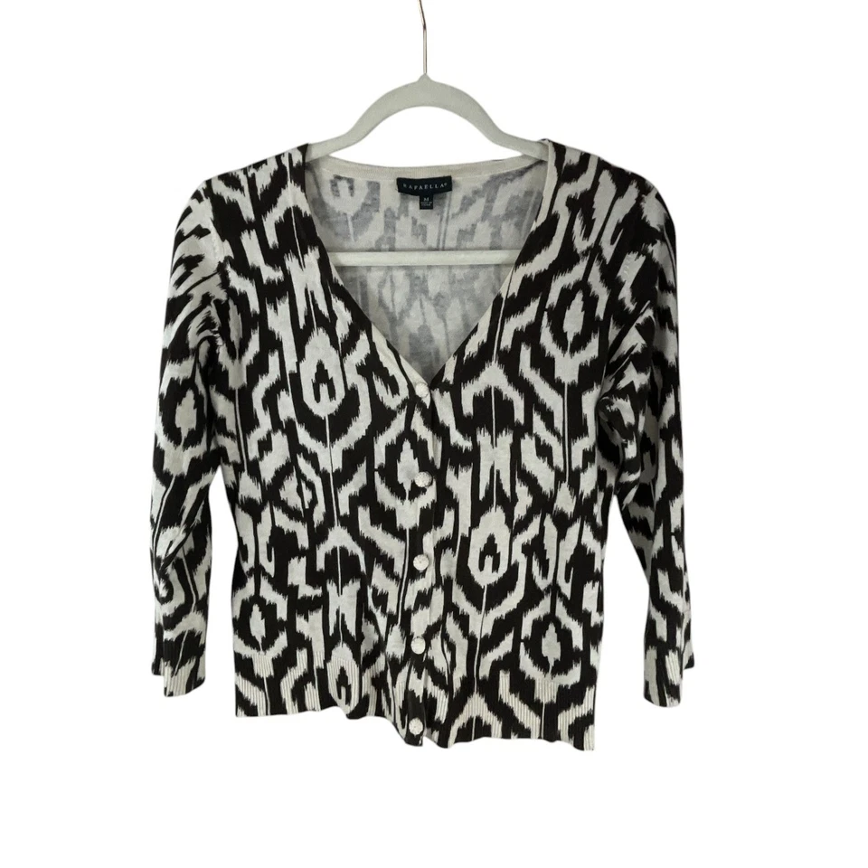 Rafaella 黑色白色 Ikat 印花纽扣开衫 M 3/4 袖毛衣上衣 — 第 4/4 张图片