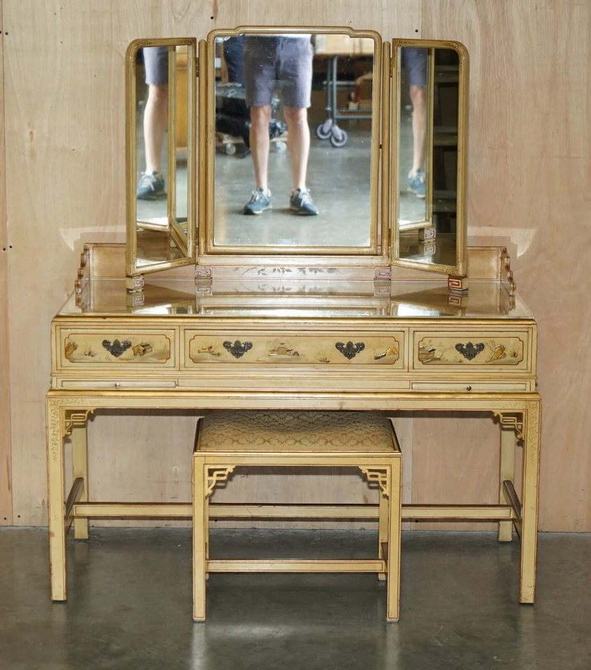 EXQUISITE CHINESE CHINOISERIE WALNUT DRESSING TABLE & STOOL PART OF A SUITE — 第 3/4 张图片