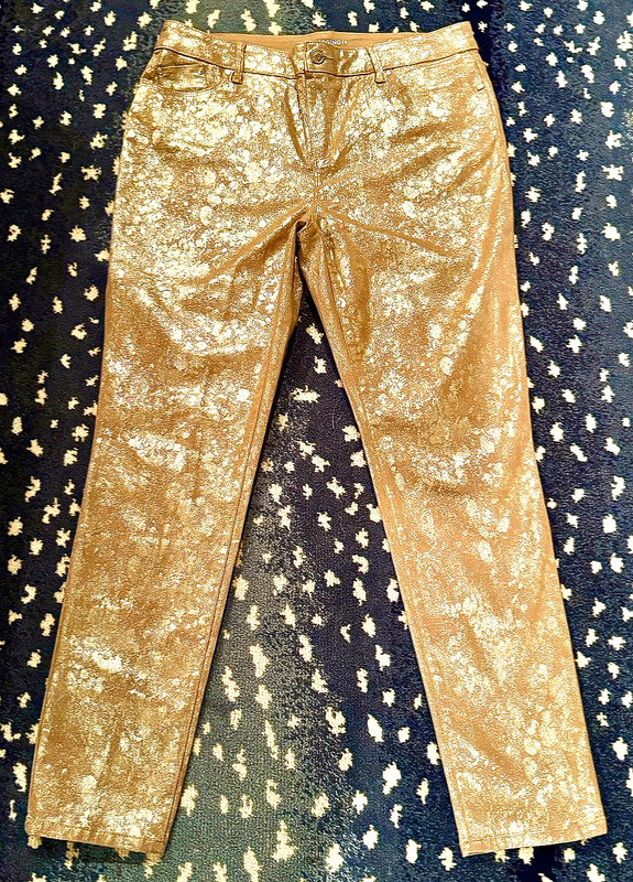 “CHICO’S” SZ 2 (12) GOLD FOILED PULLON GLITTER SPARKLE PLATINUM JEGGING JEANS