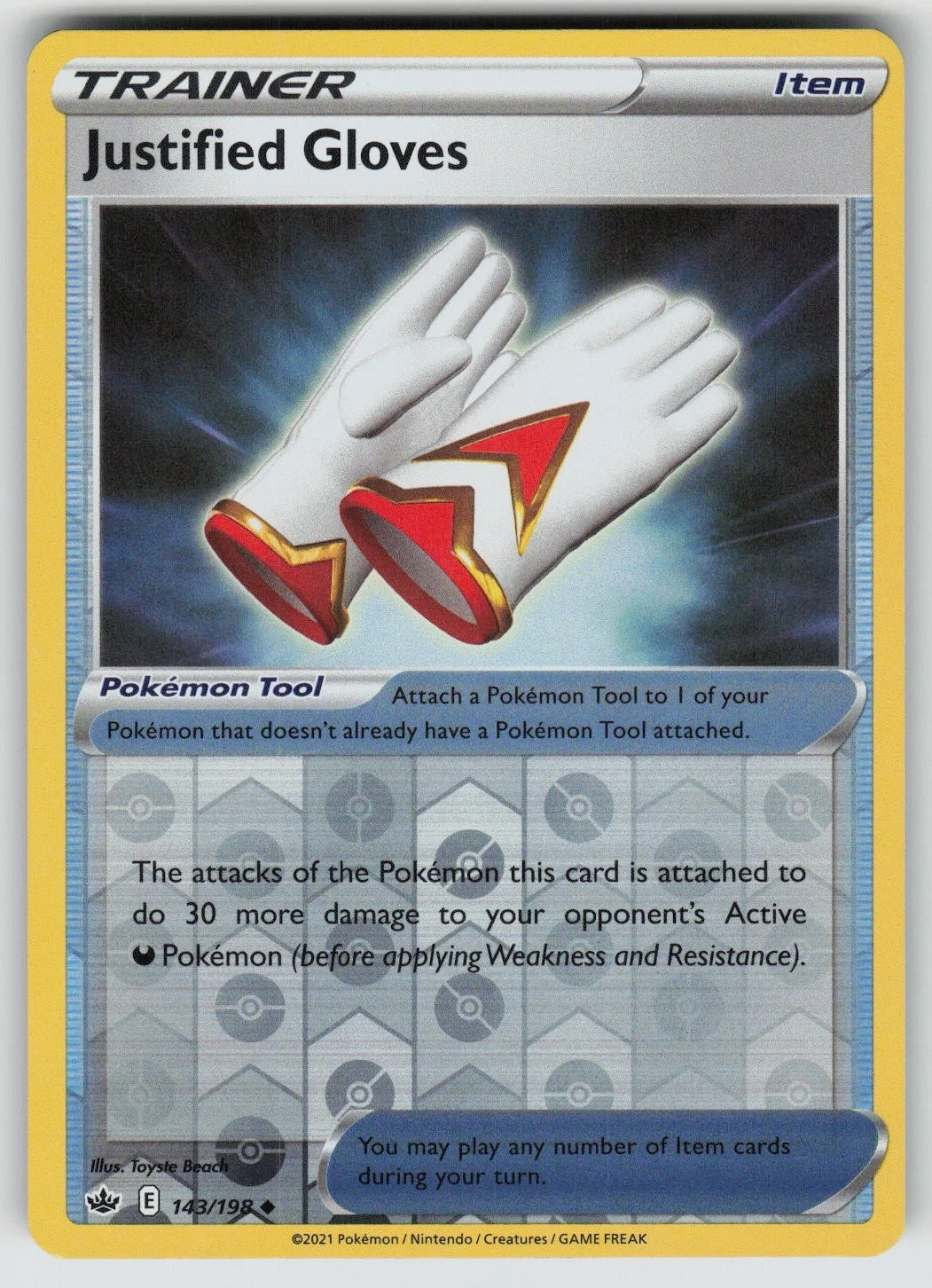POKEMON CHILLING REIGN REVERSE HOLO JUSTIFIED GLOVES 143/198 NM/MINT PACK FRESH