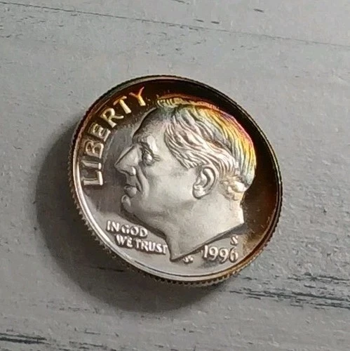 1996-S Rainbow Toned Deep Cameo Proof 90% Silver Roosevelt Dime ~ Ships Free!
