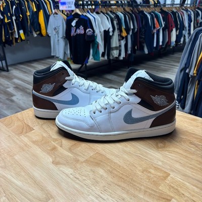 Nike Air Jordan 1 Sneakers Size 10.5 White Brown Swoosh Logo Mid Top Lace Up