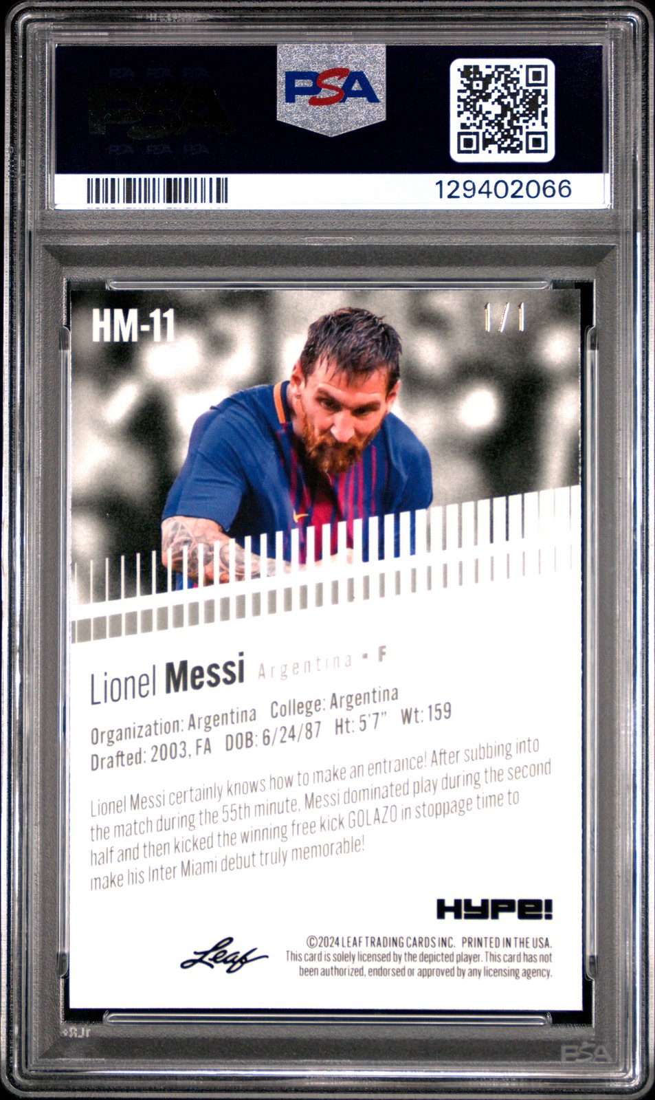 PSA 10 Lionel Messi 2024 Leaf HYPE! Metal #HM-11 Black Superprismatic 1/1 Card view 2