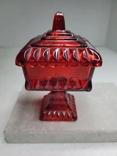 Vintage Jeanette Glass  WEDDING CAKE BOX Pedestal Candy Dish & Lid - RUBY RED