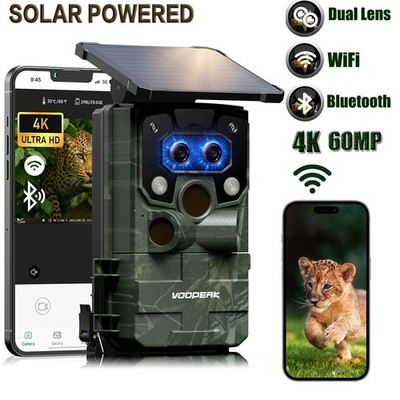 4K 60MP Solar Wildkamera WLAN Duales Objektiv Überwachungskamera Jagdkamera TC37