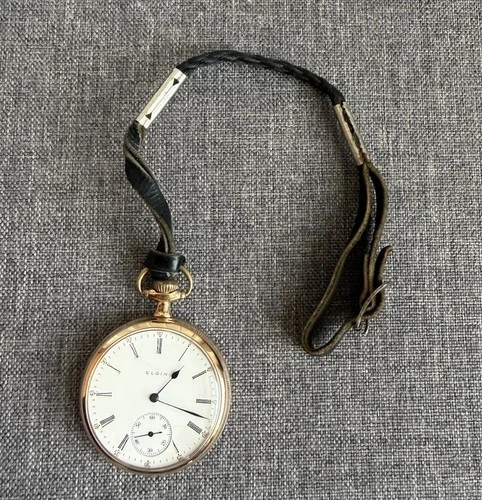 Antique Elgin Pocket Watch Roman Numerals 20 Years Gold Filled w/ Leather Strap