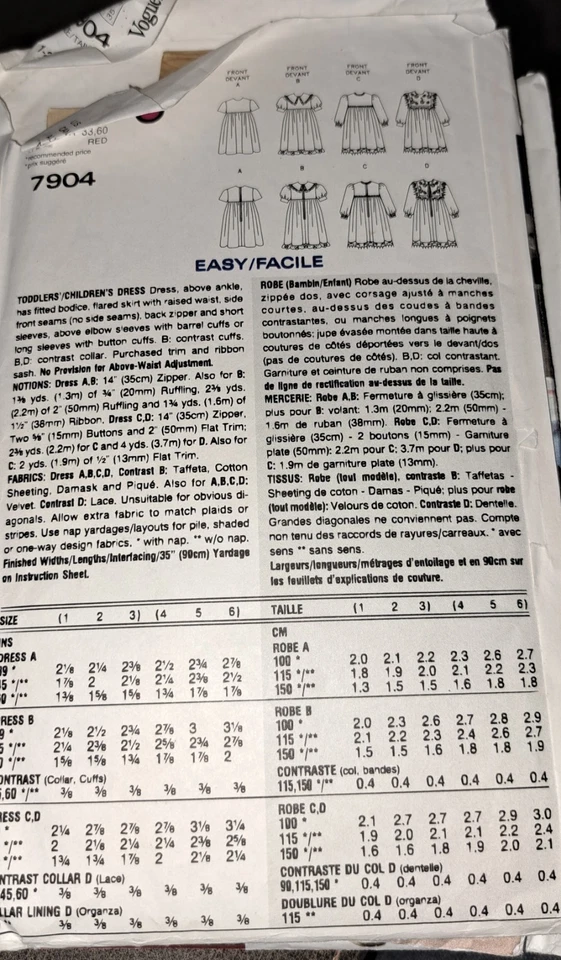 Vogue #7904 Toddler Children Dresses Craft Sewing Pattern 1,2,3 Cut-altogether - Image 2 of 2