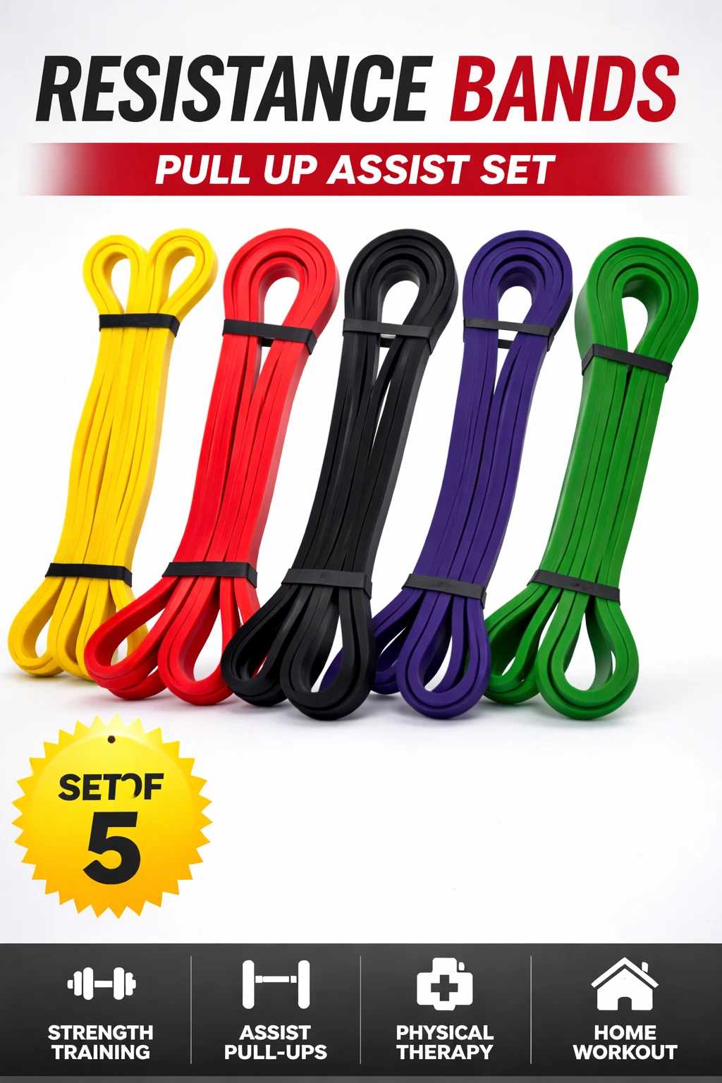 Pull Up Assist Bands Set of 5 Resistance Workout Exercise Fitness Bands