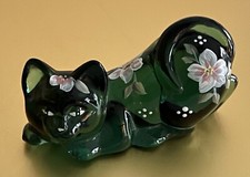 Fenton Art Glass Emerald Green Kitten Cat Figurine Floral Hand Painted Signed