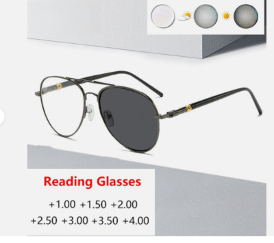Photochromic Multifocal Progressive Reading Glasses Men Metal Pilot Sunglasses