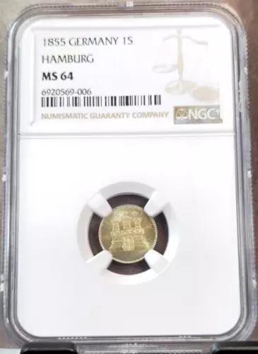 1855 GERMANY 1 SECHSLING HAMBURG CASTLE NGC MS 64 BEAUTIFUL BU COIN