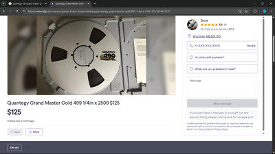 Quantegy 499 Grand Master Gold for Tascam br 20 3030 32-2 reel to reel.