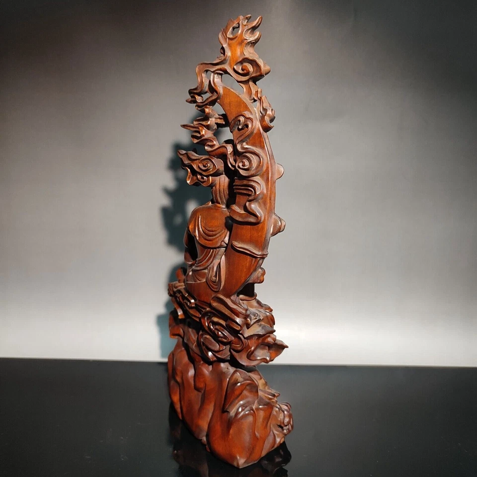 Estatua de madera de Buda de boj de 18 cm antigua tallada en Kwan Yin gratis decoración del hogar Foto 3 de 4