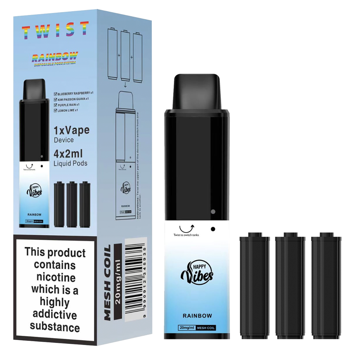 Happy Vibes Twist Disposable 3500 Puffs Ecig 4x 2ml 20mg 5
