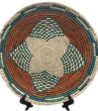 New Hand Woven Wicker 14 1/2 inch Shallow Green Orange Tan Basket Multipurpose