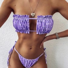 HOT 2pcs Pleated Bandeau Swimsuit Low Waist Mini Thong Bikini Swimwear For Women