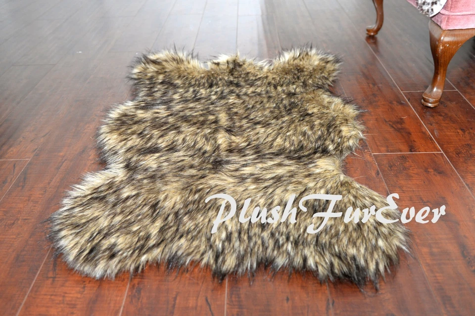 5' x 6' Exotic Black Tip Coyote Bearskin Rug Faux Fur Suede Backing USA Handmade - Image 3 of 4