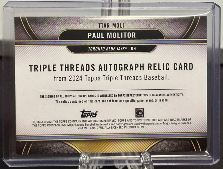 Paul Molitor 2024 Topps Triple Threads Auto Relic Card 1/1 TTAR-MOL1 - Image 2 of 2