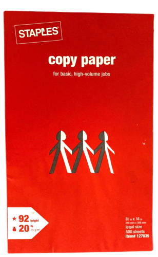 Staples Copy Paper Legal Size 92 Bright 20 lb 500 Sheets One Ream #127035 NEW - Picture 1 of 6