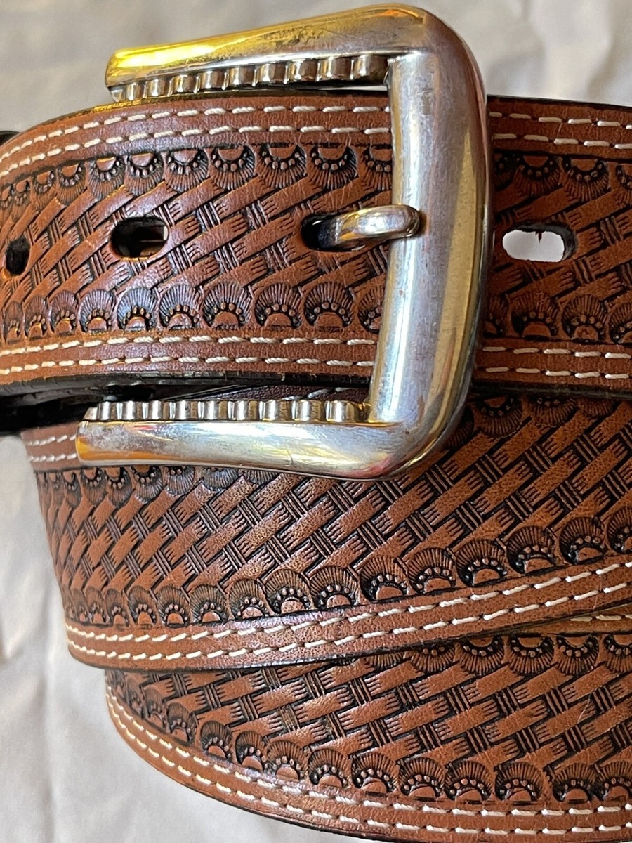 SIZE 44, BROWN TOP GRAIN LEATHER HAND TOOLED WESTERN BELT  display picture 1