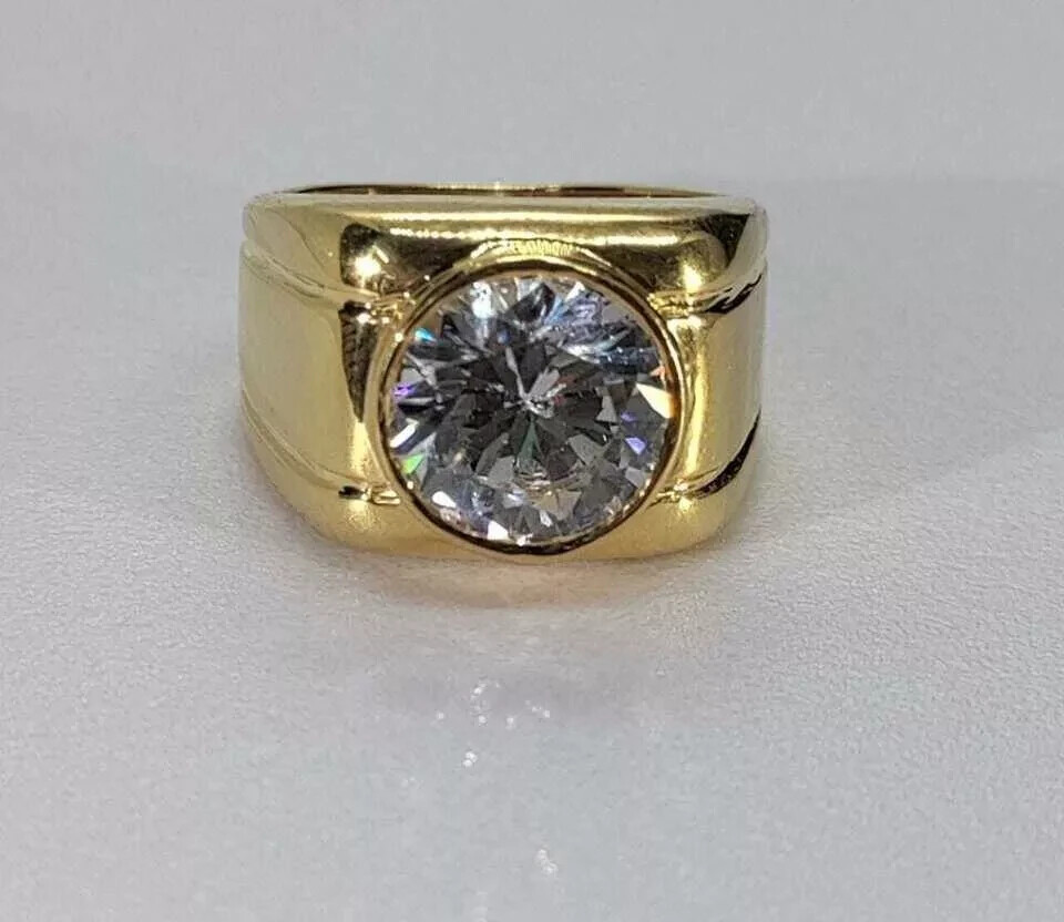 7C Round Cut Lab Created Diamond Bezel Solitaire Men Ring 14KYellow ...