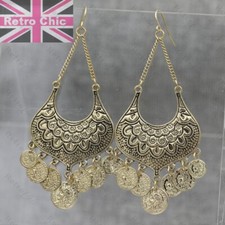 GYPSY CHANDELIER EARRINGS vintage gold tone coins boho FASHION big 3.5"long