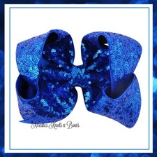 Girls Large 8" Royal Blue Sequin Hair Bow, Alligator Clip Boutique Cheer Bow
