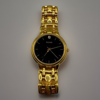 Vintage Pulsar Gold Tone Quartz Dress Watch Black Dial V501-X004 1990 s