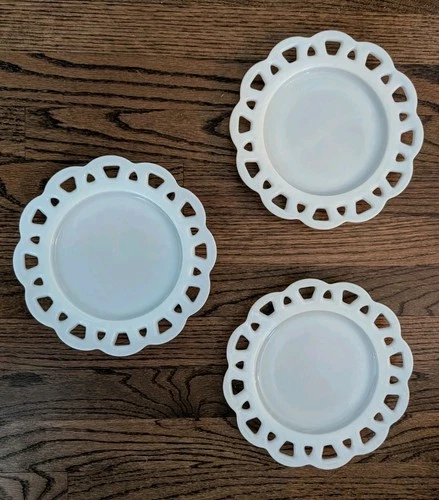 Vintage Hazel Atlas Milk Glass Open Lace Edge Plates 8.5” Lot of 3