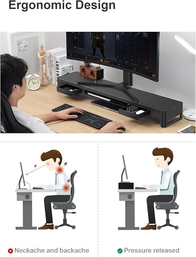 Supporto Monitor Scrivania con 2 Cassetti Organizer Rialzo PC Laptop Metallo foto 5