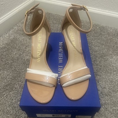 Stuart Weitzman Nearlynude 75 Block Heel Sandal 6AA Patent Leather Beige Nude