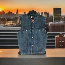 Xelement Denim Motorcycle Vest Men Small Cotton Blue Snap ,Conceal Carry Pocket