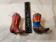 TWO SMALL COWBOY BOOT CHRISTMAS ORNAMENTS
