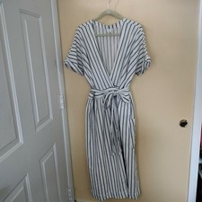 Gap 16 Tall Cotton Linen Blend White Navy V Neck Wrap Dress Pockets Coastal
