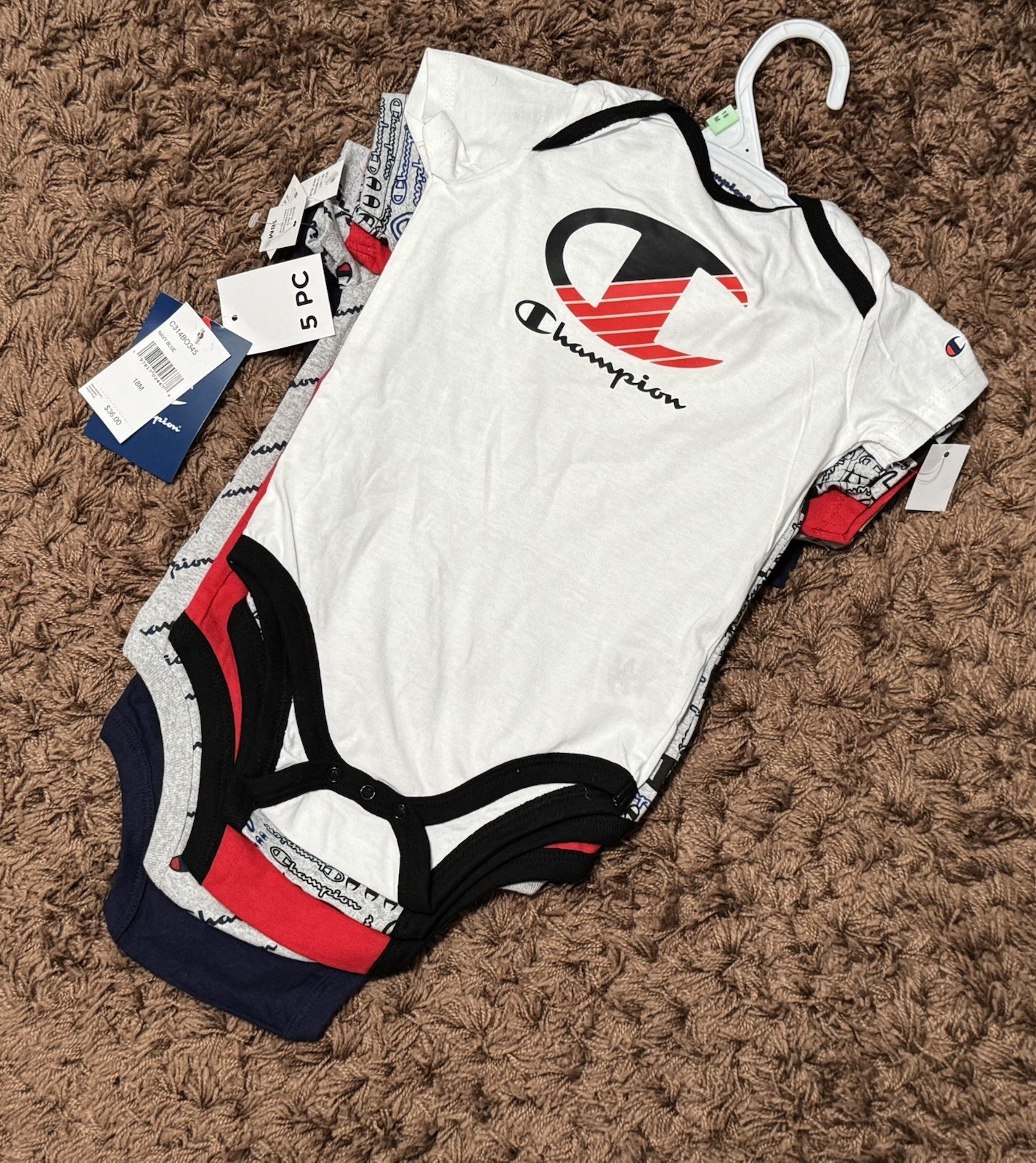 New Champion Baby Boy 5 Pack Multicolor Short Sleeve Bodysuits 18 Months