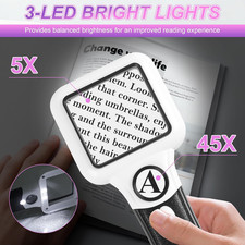 LED Handheld Magnifying Glass 5X 45X for Low Vision Reading and Close Inspection