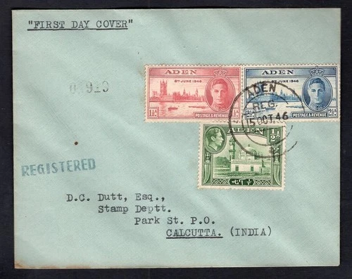 ADEN 1946 FDC Cover, Posted Registered to Calcutta  India