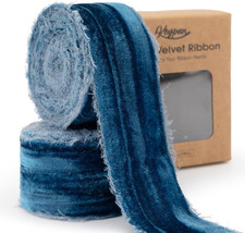 Moss Blue Velvet Ribbon 1-1/2 Inch X 6 Yd Crinkled Handmade Frayed Vintage Ribb