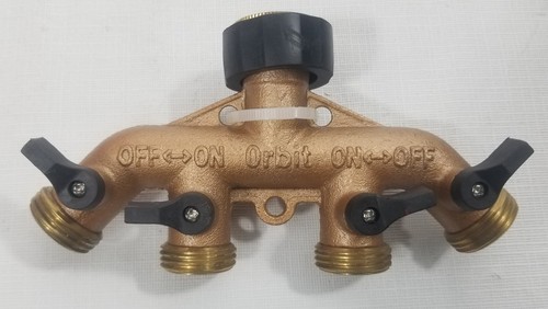 NEW Orbit 4 Outlet Brass Garden Hose Faucet Manifold w/ Shut Off Valves
