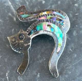 Vtg .925 Sterling Silver Abalone Scary Cat Pendant Taxco Mexico Statement Piece