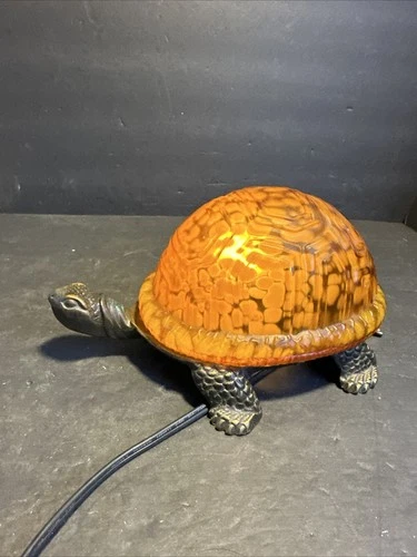 Vtg. Tiffany Style Brass & Amber Glass TURTLE NIGHT LIGHT Table Lamp Tortoise#R6
