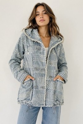 Free People Bleached Chambray Hooded Parka Jacket Oversized Denim Coat Sz Small