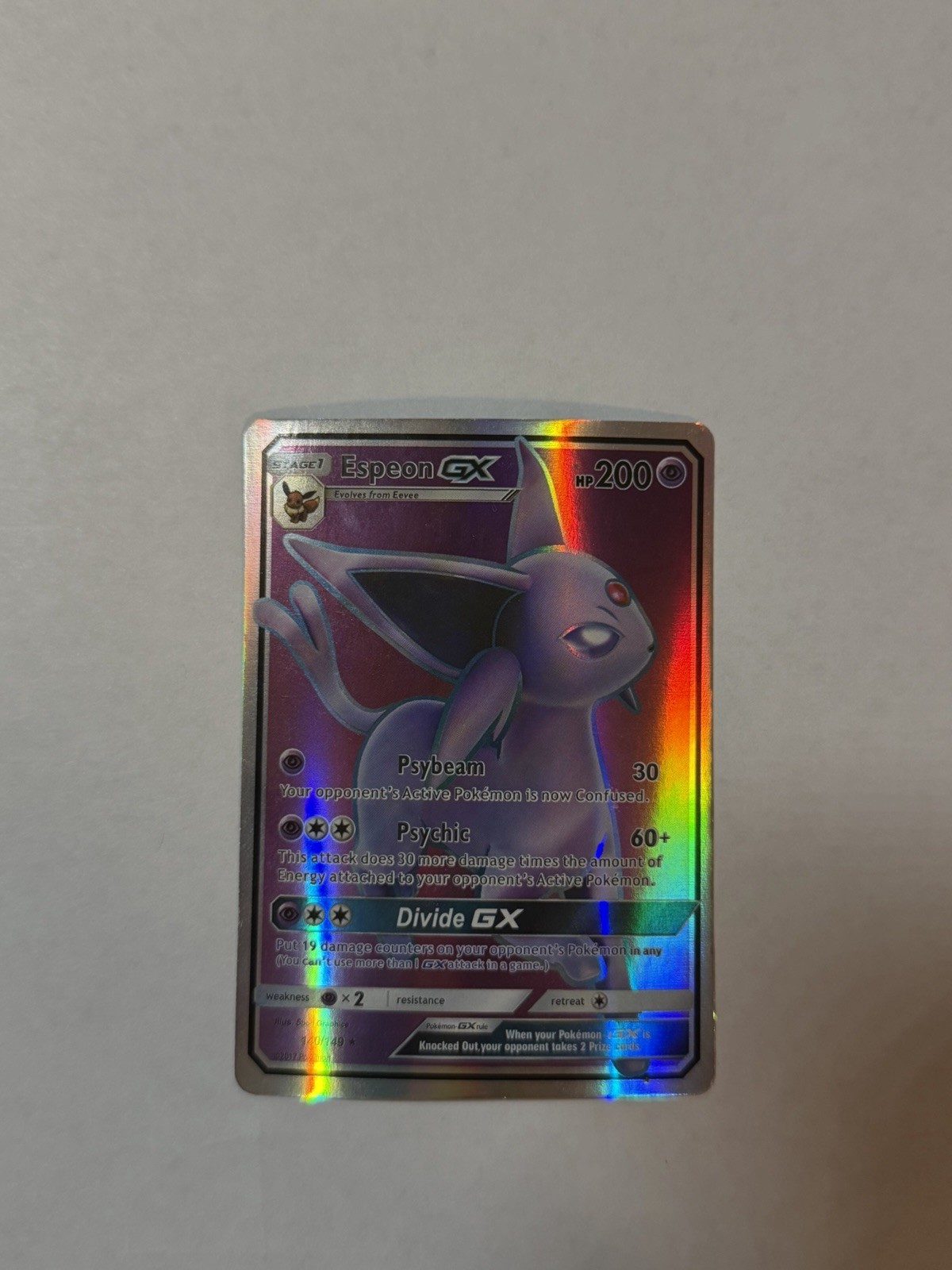 2017 Pokemon Sun & Moon Espeon GX 140/149 Rainbow Rare Ultra NM