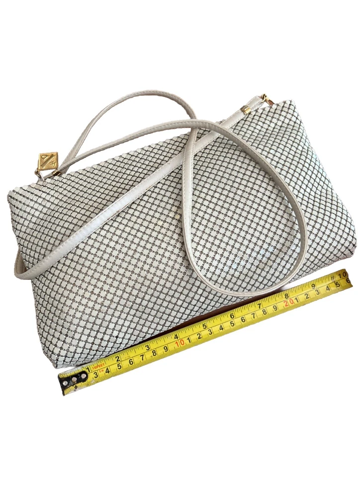 Antigo. Whiting & Davis Bolsa de Metal Malha Creme Pulseira de Couro Charme Anos 80 Discoteca Evento - Imagem 4 de 4