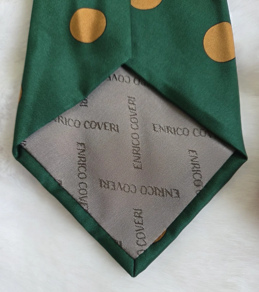 复古 Enrico Coveri 男式丝绸领带意大利假日主题红色绿色金色圆点 — 第 4/4 张图片